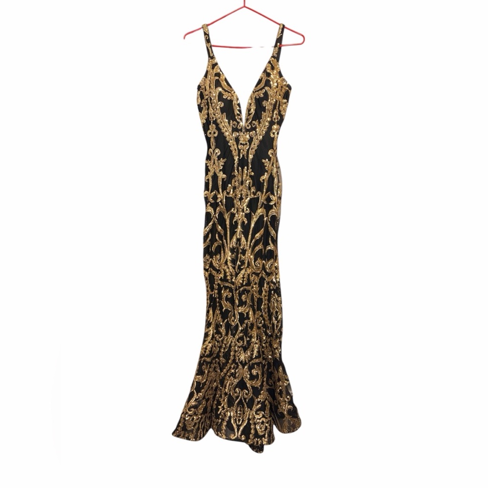 Jovani Black & Gold Sequin Plunging Neckline Fitted Gown Size 4 Prom Formal - Picture 3 of 11